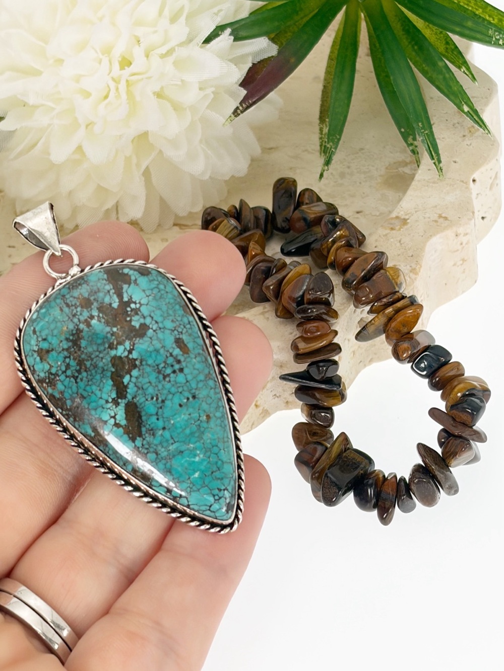XL Arizona Turquoise Pendant & Tiger’s Eye Bracelet Sterling Silver 925 Overlay